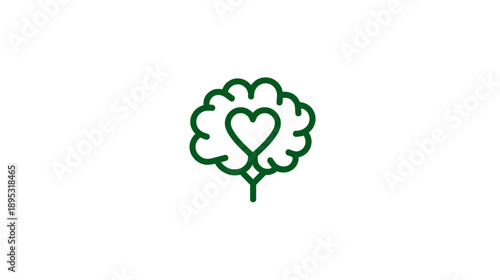 Green line icon of a brain with a heart inside, symbolizing mental health, emotional intelligence, psychological well-being, and love.