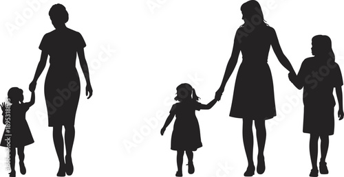 Silhouettes of mothers holding hands with their daughters, walking together in a heartwarming display of family connection and maternal love