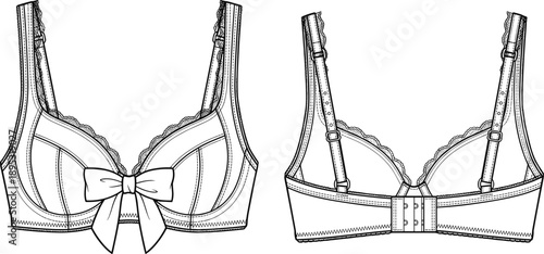 Women bra technical fashion illustration, front and back view lingerie design with lace details and bow, underwear flat sketch for apparel production