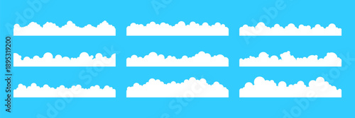 Cloud border with soft puffy cumulus shapes. Minimal flat divider with white clouds on blue sky background. Abstract weather banner for web design, headers, presentations, posters and branding. Vector