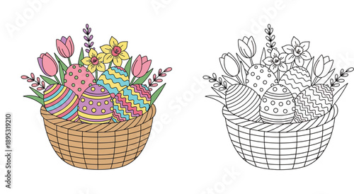 Vector illustration of an Easter basket filled with decorated eggs, tulips and daffodils, showing both a colorful version and a black and white outline suitable for a coloring book page