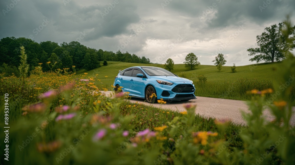 Fototapeta premium Vibrant Blue Hatchback Driving Through Scenic Countryside: Automotive Lifestyle and Adventure Concept