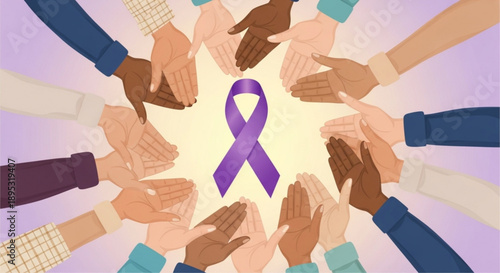 Diverse hands forming a circle around a purple awareness ribbon symbolizing unity and support for a cause
