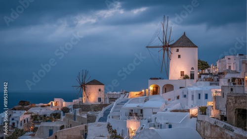 Picturesque Santorini Windmills at Dusk: Iconic Greek Architecture and Coastal Views in Oia, Greece