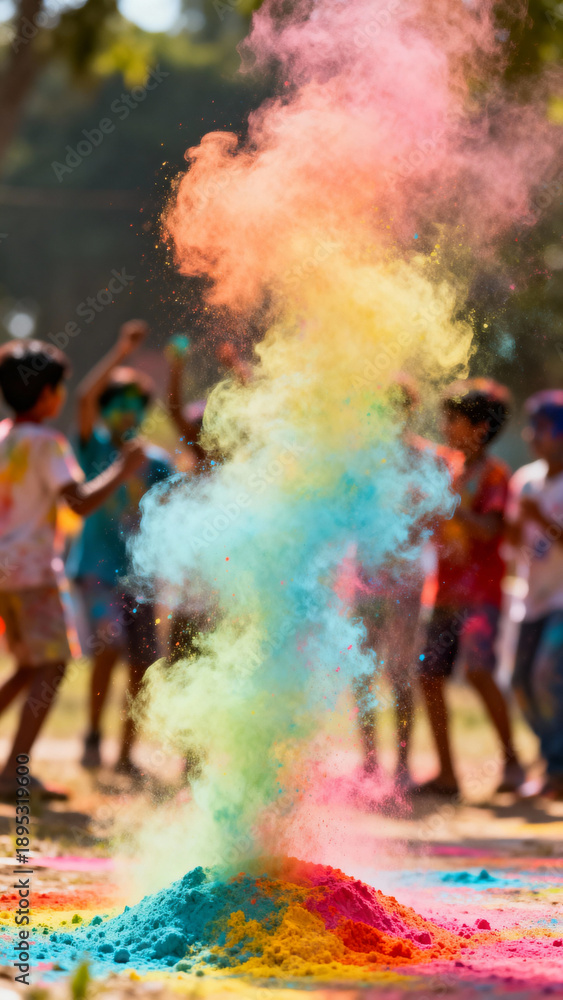 Obraz premium Colorful explosion of powder during Holi festival celebration with playful children in the background