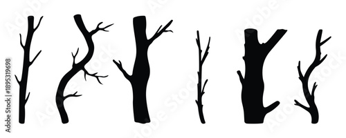 Minimalist black tree branch graphic on transparent background silhouette