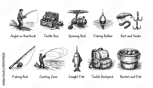 Black and white sketch illustration of fishing gear, including an angler, tackle box, rod, reel, bait, and fish, perfect for outdoor themes.