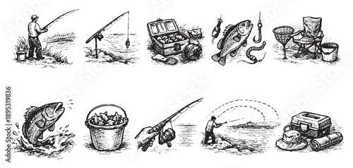 Hand-drawn sketch vector illustration depicting fishing icons, including a fisherman, fish, fishing rod, tackle box, chair, and bucket, perfect for outdoors themes.