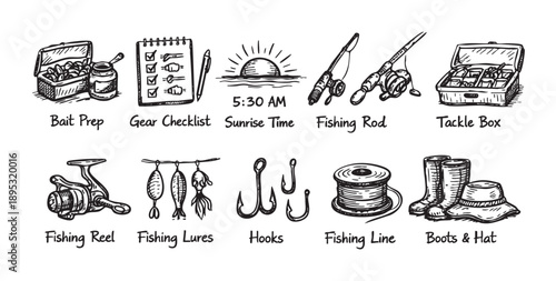 Hand-drawn illustration of fishing equipment including tackle box, checklist, rod, lures, hooks, line, boots and hat for a fishing adventure.