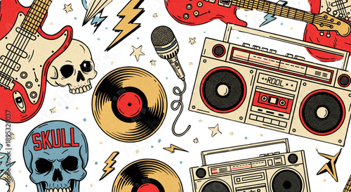 Vibrant Retro Rock and Roll Music Pattern with Guitars Skulls Boomboxes Vinyl for Youth Marketing and Event Design