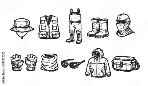 Black and white sketch of essential fishing gear isolated on white offering an artistic, hand-drawn aesthetic for angling or outdoor lifestyle themes.