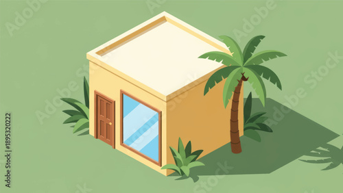 Isometric illustration of a small tropical hut surrounded by palm trees on a sunny island coast.