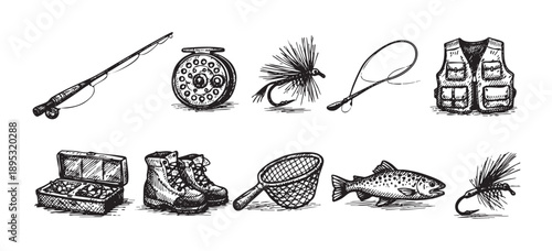 Black and white illustration features fishing equipment: rod, reel, fly, vest, box, boots, net, and trout; suitable for recreation and outdoor themes.