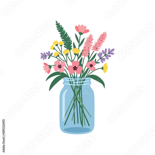 Wildflower bouquet in mason jar vector clipart, colorful floral arrangement illustration
