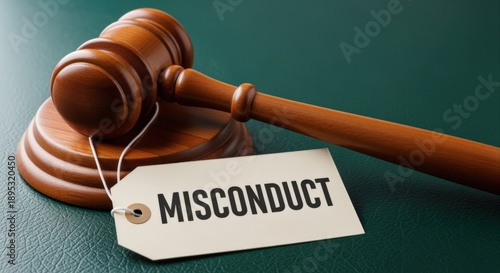Gavel Resting on Table with Misconduct Tag, Symbolizing Legal or Ethical Transgression and Accountability