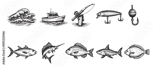 Black and white sketches show fishing boat, waves, rod, hook, lure, and different fish species, ideal for illustrating fishing or marine themes.