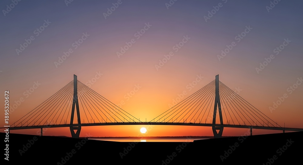 Fototapeta premium Silhouette of cable-stayed bridge at sunset.