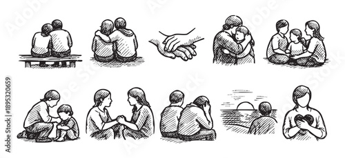 A collection of sketch illustrations depicting people showing affection, love, comfort, and support in various scenarios and relationship dynamics.