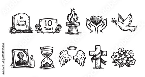 Remembrance symbols are hand-drawn on white background representing sympathy, condolence, and memorial. Includes tombstone, candle, cross, and more.