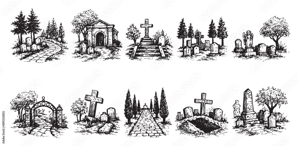 Obraz premium Set of cemetery sketch illustrations, including crosses, grave stones, paths, trees and mausoleums, in a black and white hand-drawn style. Useful for Halloween or gothic themes.