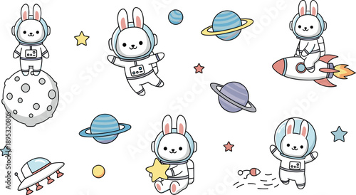 Cute kawaii astronaut bunny character set exploring space with rocket ship ufo flying saucer moon and colorful planets vector, 19 words.