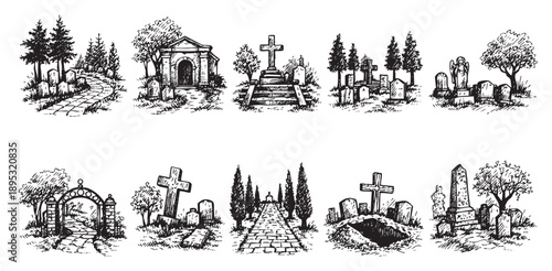 Set of cemetery sketch illustrations, including crosses, grave stones, paths, trees and mausoleums, in a black and white hand-drawn style. Useful for Halloween or gothic themes.