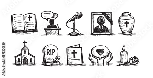 Hand-drawn black and white funeral icons set with Christian symbols showing loss and remembrance on a white background.