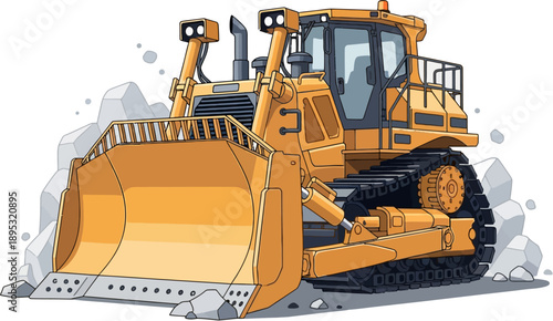 Offroad Bulldozer for Heavy Construction and Terrain Clearing, Powerful Industrial Machine, Detailed Vector Illustration