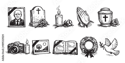 Black and white sketch illustration of funeral symbols, including photo, tombstone, candle, hands, urn, camera, album, wreath, dove, isolated on white background.