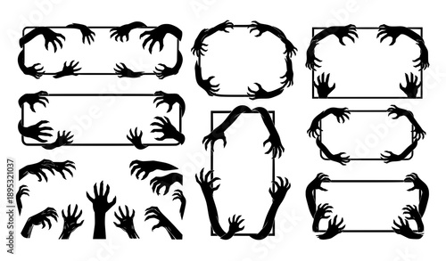 Creepy Halloween monster hands border silhouette vector