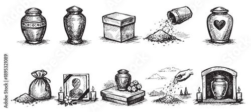 Hand-drawn vector illustration depicting cremation urns, ashes, and memorial scenes, suitable for funeral services, grief support, and remembrance themes. Black and white ink drawing.
