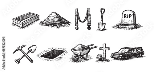 Hand drawn vector graphic of funeral elements including a coffin, grave, tombstone, and hearse. This illustration is on a white background.