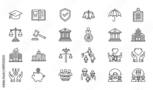 Outline Icons for Social Policy, Insurance, Law and Government