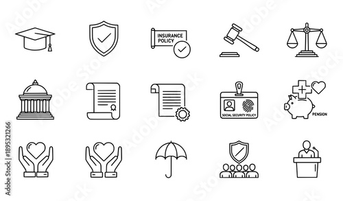Social Policy and Insurance Line Icon Set in Outline Vector Style