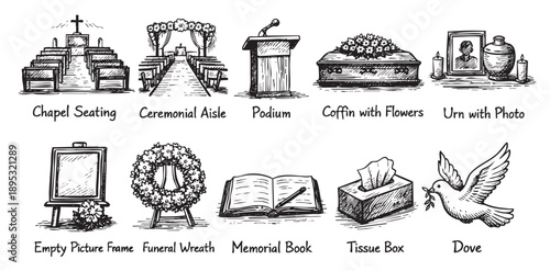 Black and white sketch illustration showing various funeral ceremony elements, including a chapel, wreath, podium, and dove, against a white backdrop.