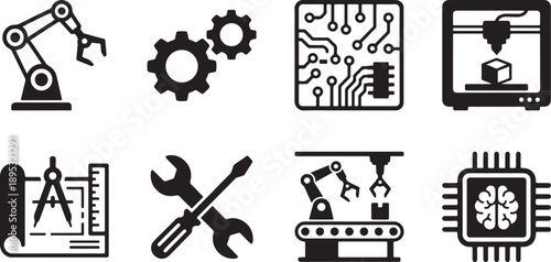 Modern engineering, industrial automation, and manufacturing technology icon set