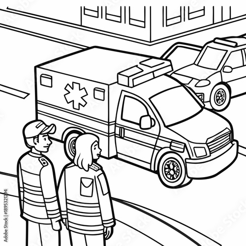 Paramedics near the ambulance. coloring page