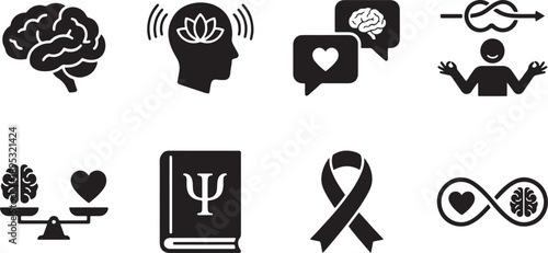 Collection of mental health, psychology, and emotional well-being icons for awareness and balance