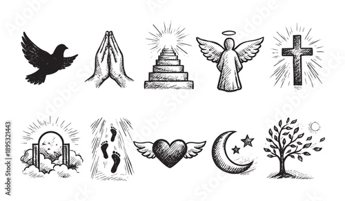 Black and white illustration containing Christian religious icons like praying hands, dove, cross, angel, stairs, and other spiritual images for use in religious or faith-based designs.