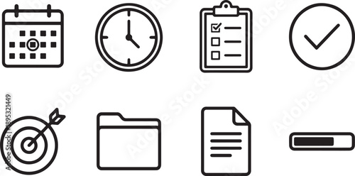 Essential outline icons for business planning, time management, task completion, and goal achievement