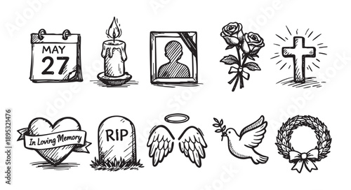 A set of hand-drawn memorial symbols in black ink on a white background, including a calendar, candle, photo, flowers, cross, heart, tombstone, wings, dove, and wreath.