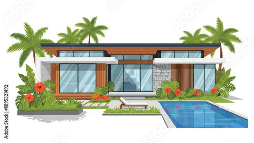 Modern villa with pool, tropical garden and glass façade creating a luxurious residential scene.