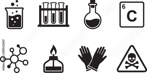 Collection of essential chemistry laboratory equipment, safety, and scientific icons