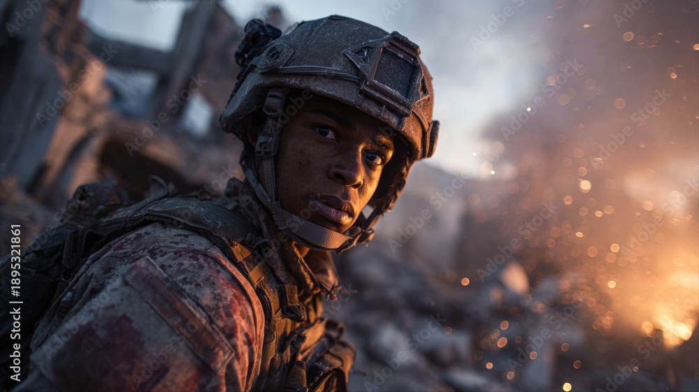 Fototapeta premium Determined Soldier in Combat Zone Amidst Ruins, Showing Resilience and Strength Under Fire