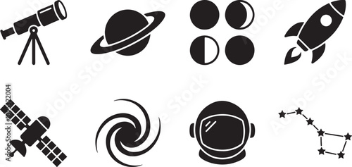 A comprehensive set of space and astronomy icons featuring celestial bodies and exploration tools