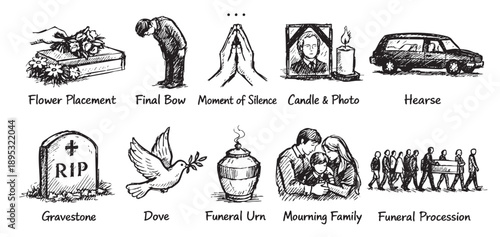 Graphic sketch icons depict funeral elements: coffin, bow, hands, photo, hearse, gravestone, dove, urn, family, procession. Represents mourning, loss, memorial services.