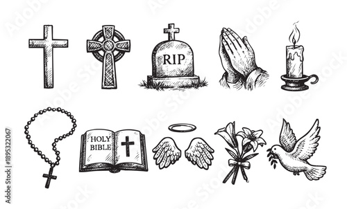 Set of hand-drawn Christian symbols including crosses, gravestone, praying hands, Bible, angel wings, dove and candle, created in black and white sketch style.