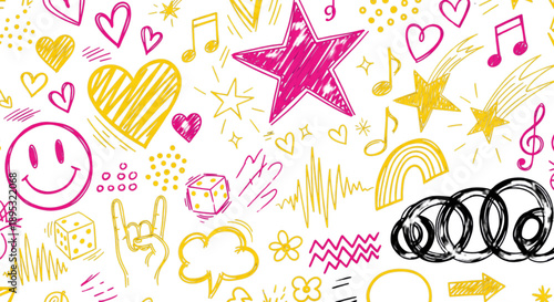 Playful Vibrant Hand Drawn Doodles Background with Hearts Stars Smileys for Youth Creative Projects Social Media Education