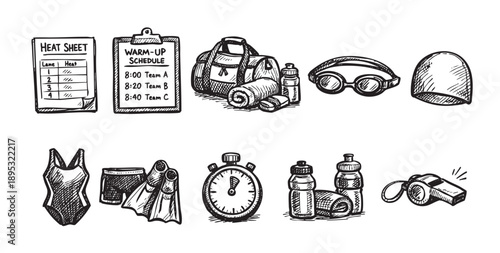 Hand-drawn sketch illustration features swimming gear, including swimsuit, goggles, and schedule for use in sports and recreation themed designs.