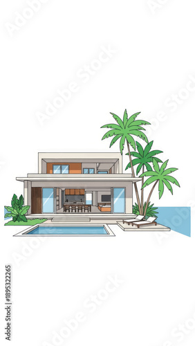 Modern tropical villa with poolside courtyard and palm trees by a waterfront residence.